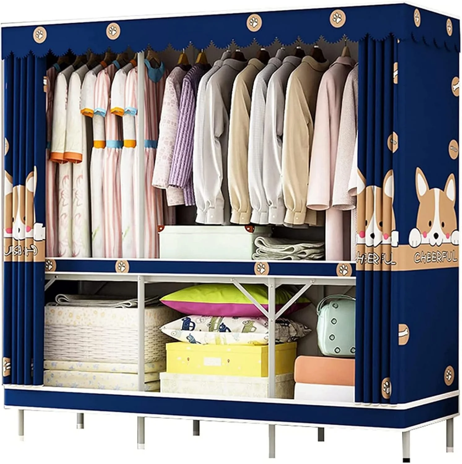 کمد لباس پارچه ای قابل حمل، کمد لباس تاشو چند منظوره اتاق خواب، کمد لباس زنانه با پارتیشن بندی، 168 * 170 * 48 سانتی متر، آویز لباس پارچه ای قابل حمل