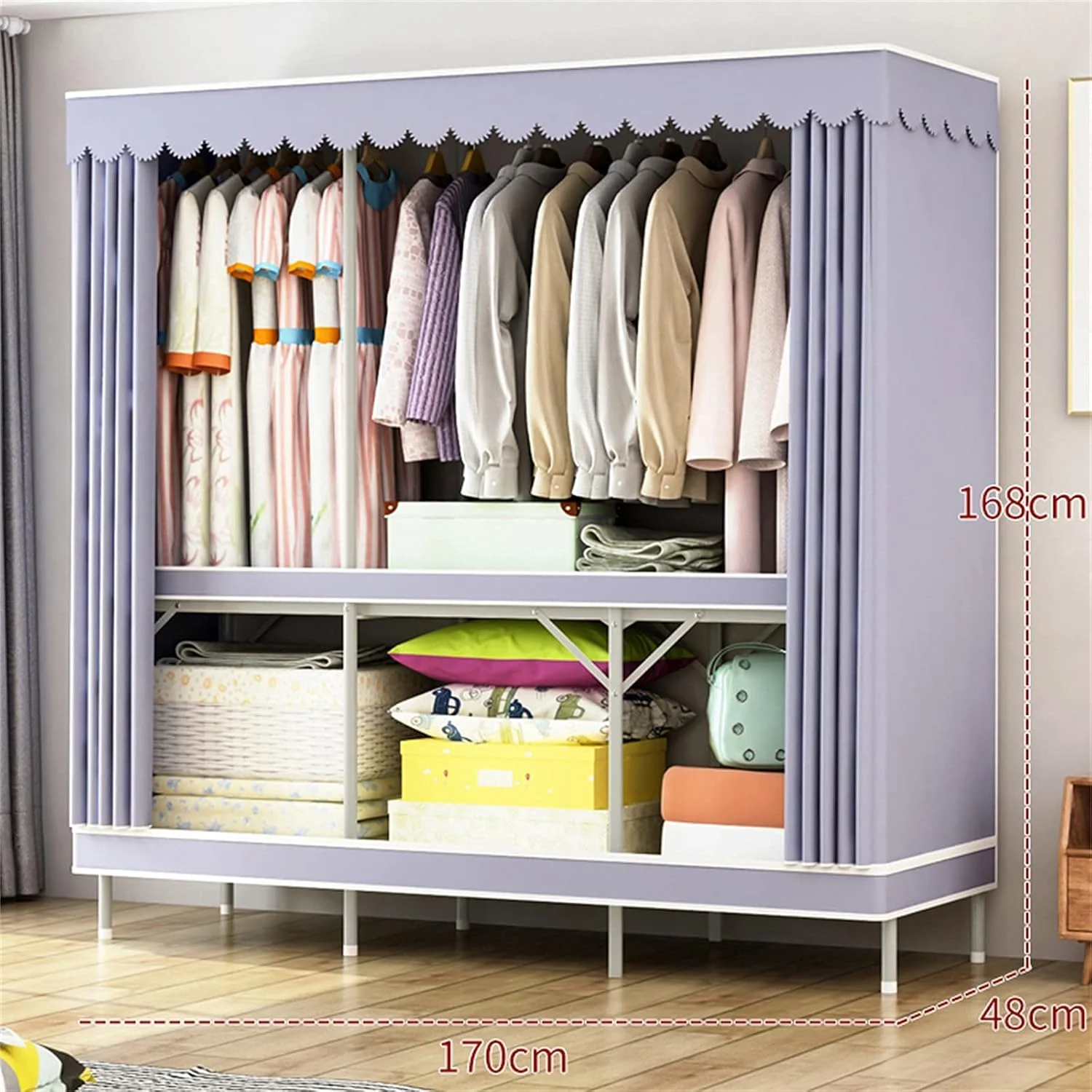 کمد لباس پارچه ای قابل حمل، کمد لباس تاشو چند منظوره اتاق خواب، کمد لباس زنانه با پارتیشن بندی، 168 * 170 * 48 سانتی متر، آویز لباس پارچه ای قابل حمل