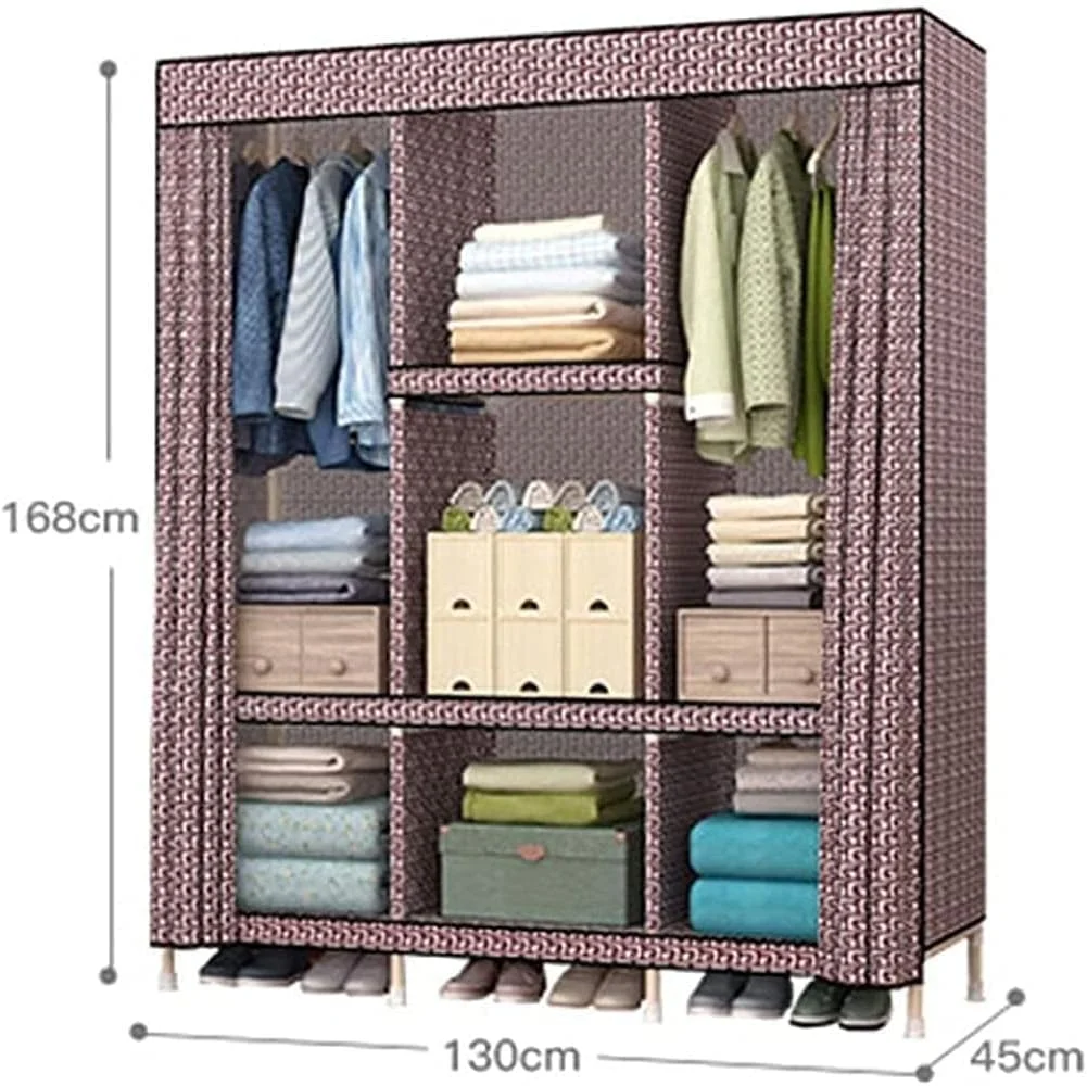 کمد لباس پارچه ای قابل حمل، کمد لباس ساده خانگی، کمد لباس چوبی جامد خانگی چند منظوره با میله آویز لباس، رگال لباس، کمد لباس قابل حمل /E/ 168 * 130 سانتی متر