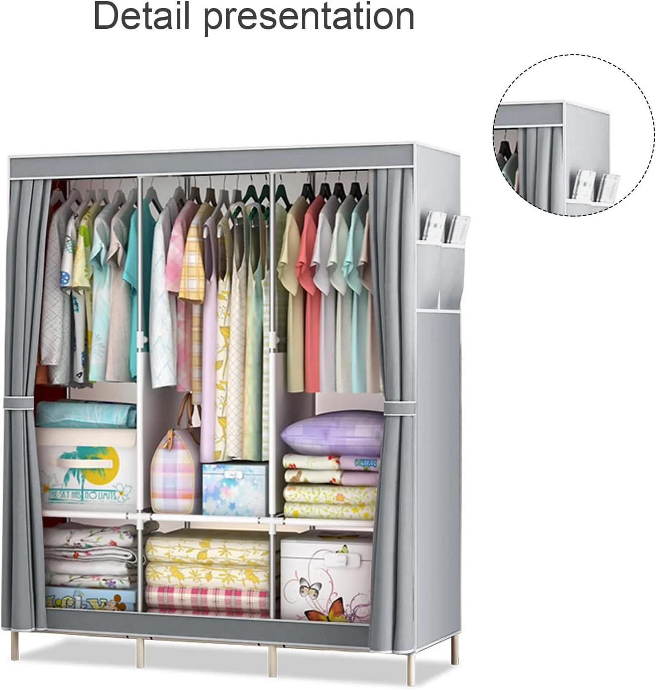 کمد لباس قابل حمل برای آویزان کردن لباس، سازمان دهنده ذخیره سازی لباس با لوله های فولادی، 125x45x168 سانتی متر
