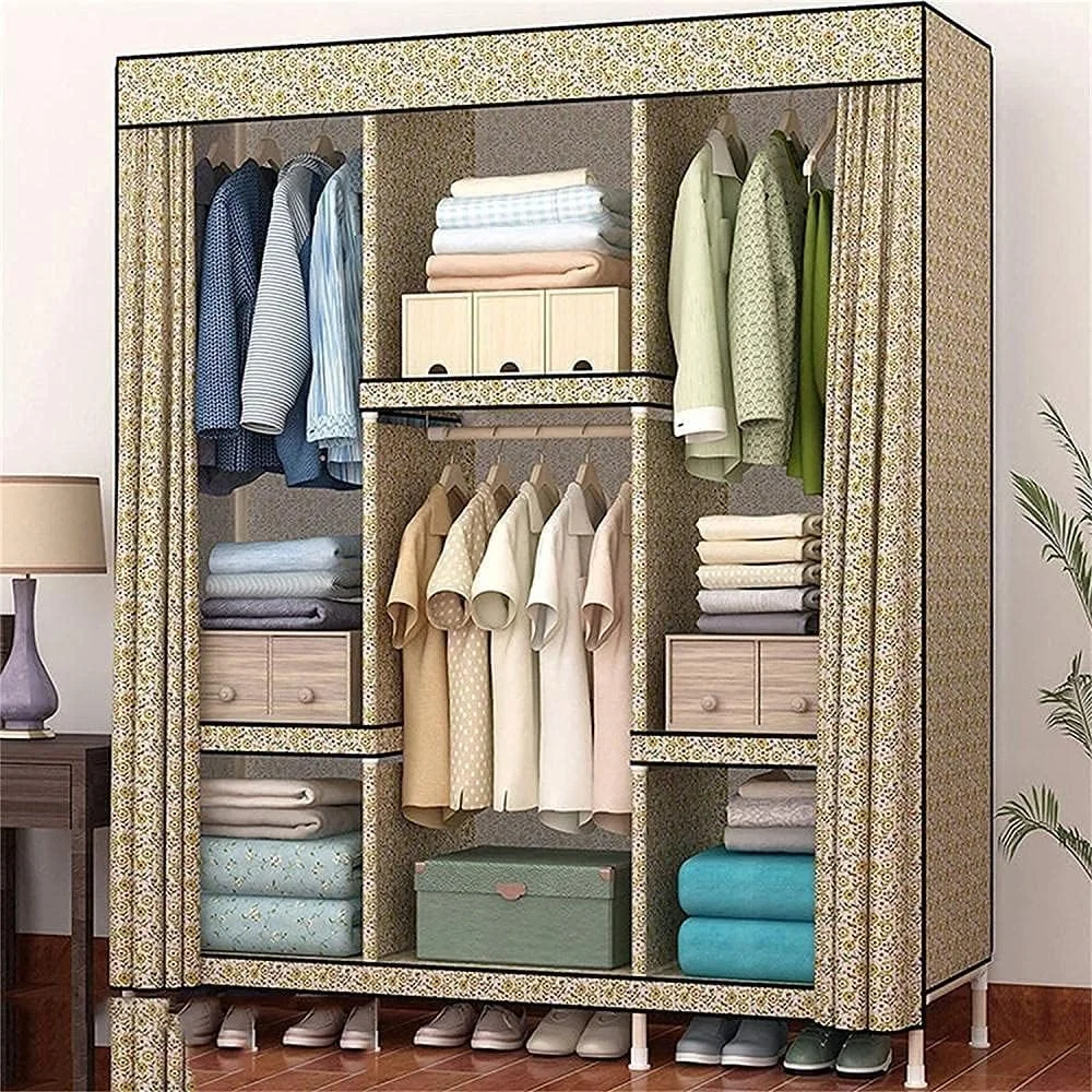 کمد لباس پارچه ای قابل حمل، کمد لباس ساده خانگی، کمد لباس چوبی جامد خانگی چند منظوره با میله آویز لباس، رگال لباس، کمد لباس قابل حمل /E/ 168 * 130 سانتی متر