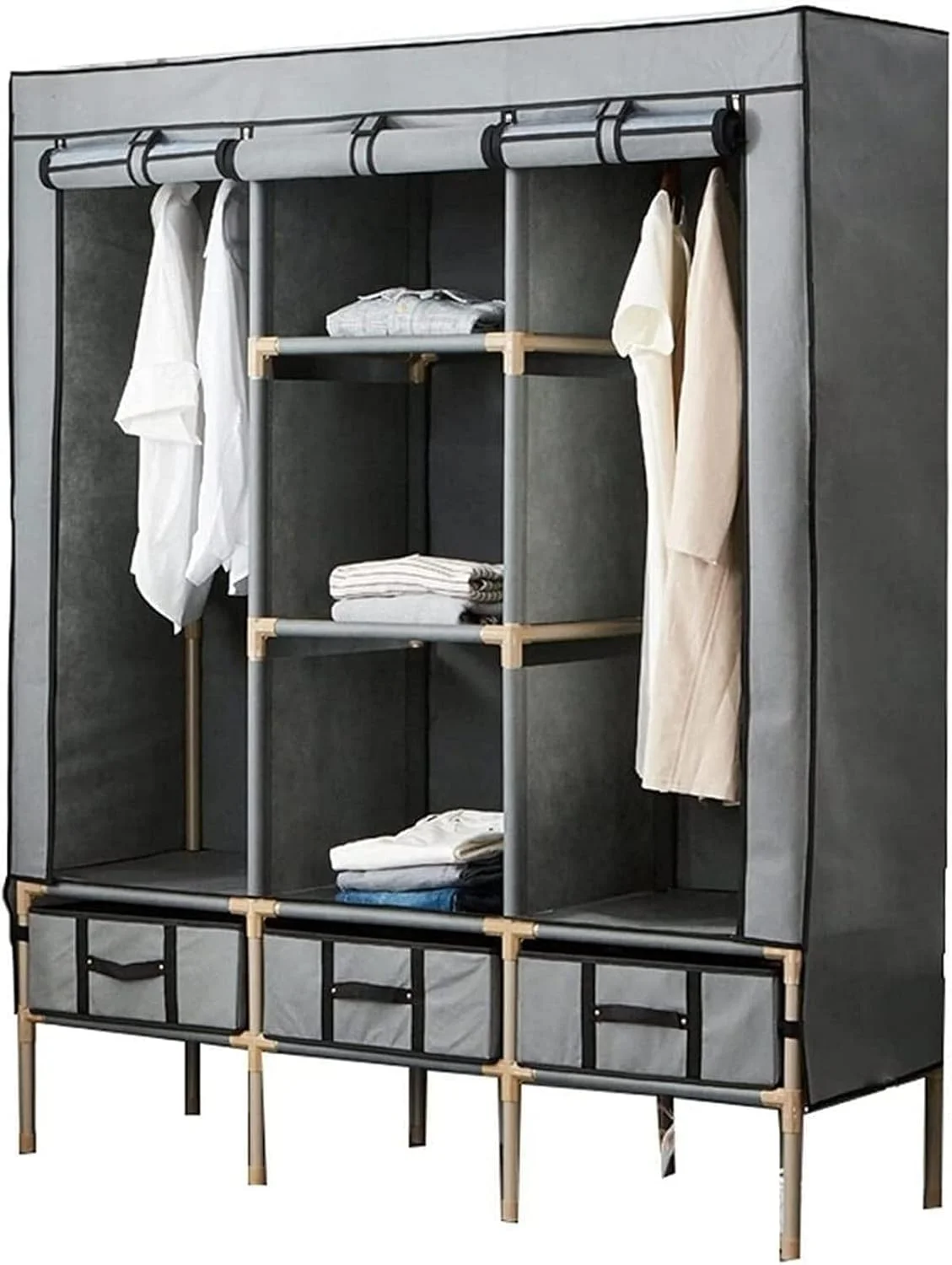 کمد لباس قابل حمل، کمد لباس پارچه ای برای آویزان کردن لباس، کمد لباس پارچه ای بزرگ دوتایی، لوله فولادی ضخیم تقویت شده، کمد لباس ساده قابل حمل/a