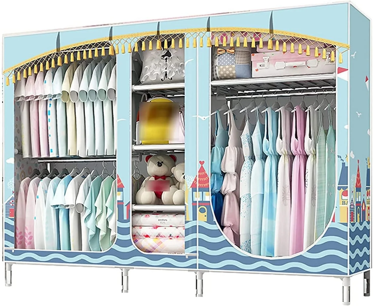 کمد لباس پارچه ای تِمکین، کمد لباس تاشو بازشو، طراحی خلاقانه کمد بزرگ اتاق خواب، مونتاژ براکت فلزی، درب های کشویی کمد لباس مدل a، 168 * 210 * 45 سانتی متر، آویز لباس پارچه ای قابل حمل