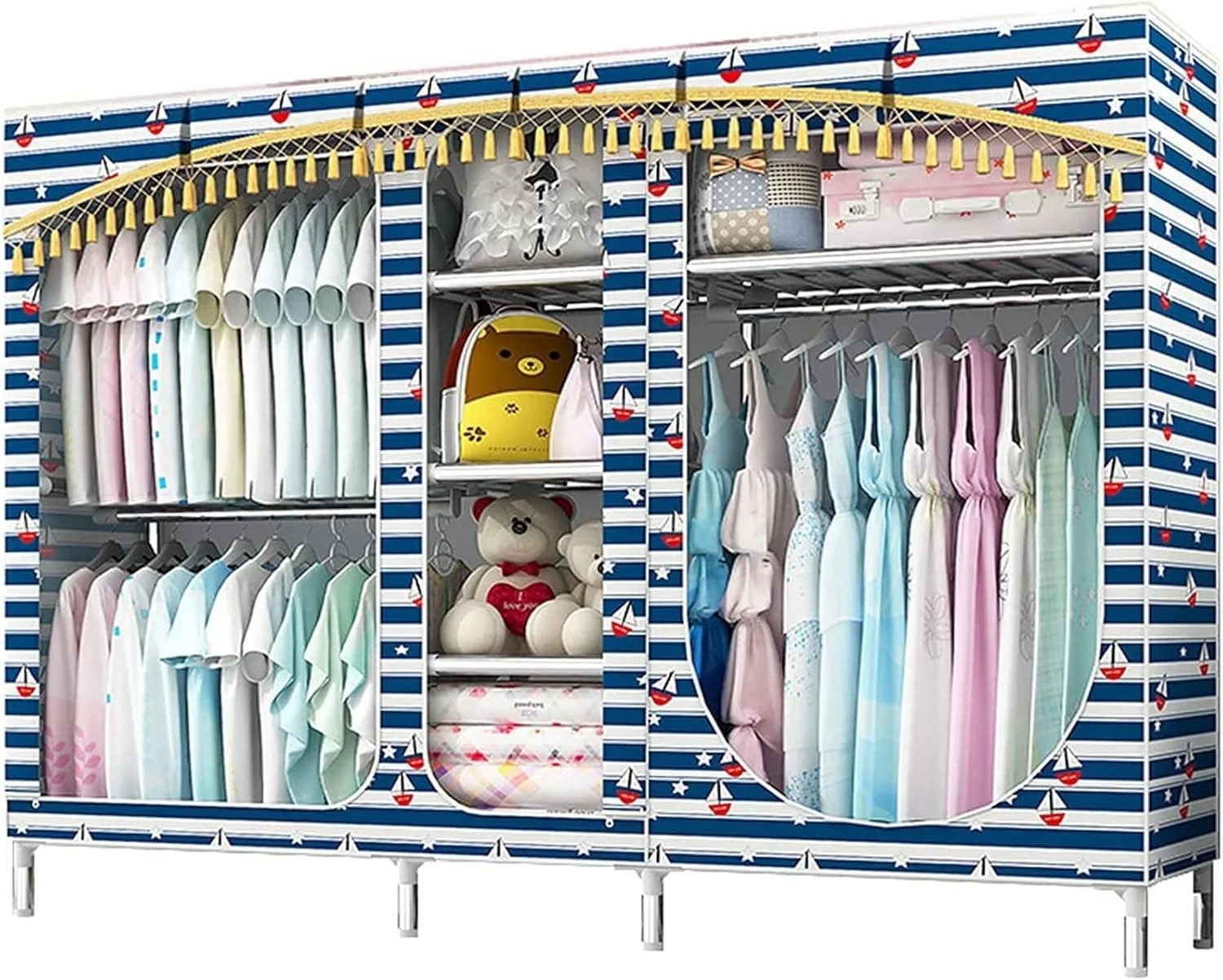 کمد لباس پارچه ای تاشو قابل حمل، طراحی خلاقانه کمد بزرگ اتاق خواب با براکت فلزی و درب کشویی، 168 * 210 * 45 سانتی متر