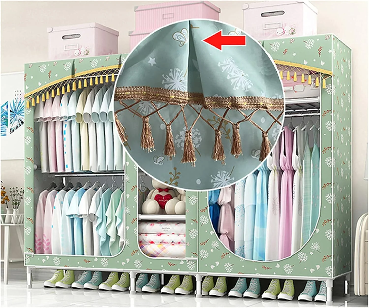 کمد لباس پارچه ای تِمکین، کمد لباس تاشو بازشو، طراحی خلاقانه کمد بزرگ اتاق خواب، مونتاژ براکت فلزی، درب های کشویی کمد لباس مدل a، 168 * 210 * 45 سانتی متر، آویز لباس پارچه ای قابل حمل