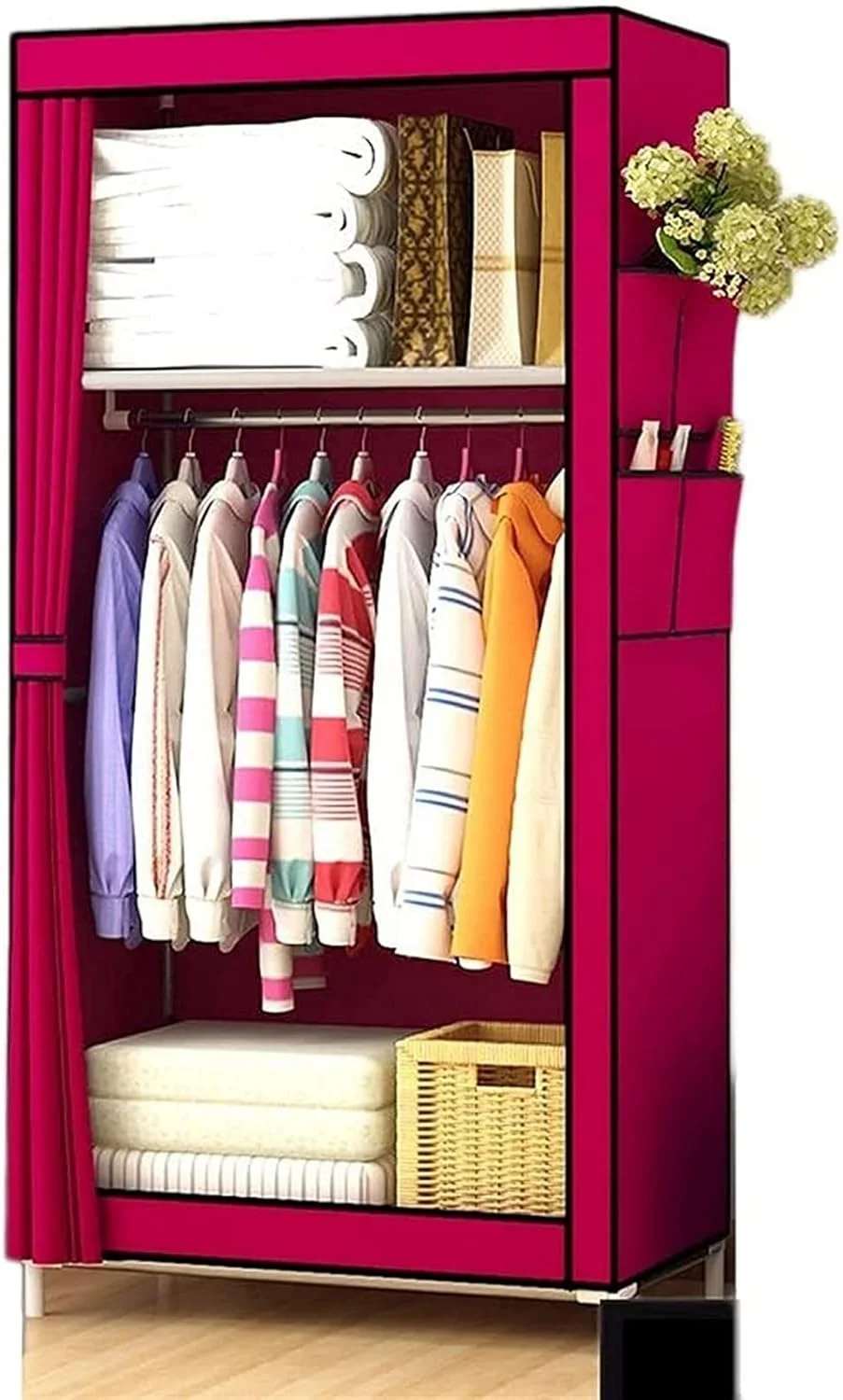 کمد لباس پارچه ای قابل حمل تمکین، کمد لباس تاشو اتاق خواب ساده، پارچه ای خوابگاهی کوچک، تک نفره مونتاژ شده 160X45X70 سانتی متر، چوب لباسی پارچه ای قابل حمل قرمز (A 160X45X70 سانتی متر)