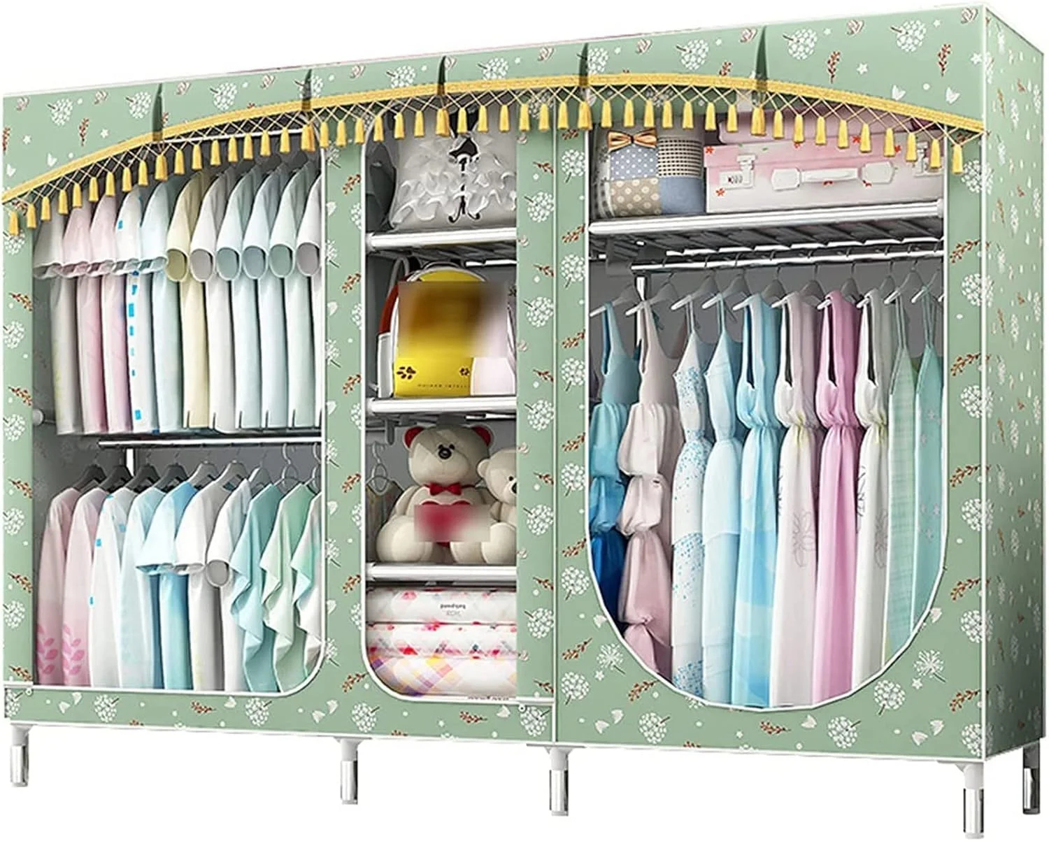 کمد لباس پارچه ای تِمکین، کمد لباس تاشو بازشو، طراحی خلاقانه کمد بزرگ اتاق خواب، مونتاژ براکت فلزی، درب های کشویی کمد لباس، مدل a، 168 * 210 * 45 سانتی متر، آویز لباس پارچه ای قابل حمل