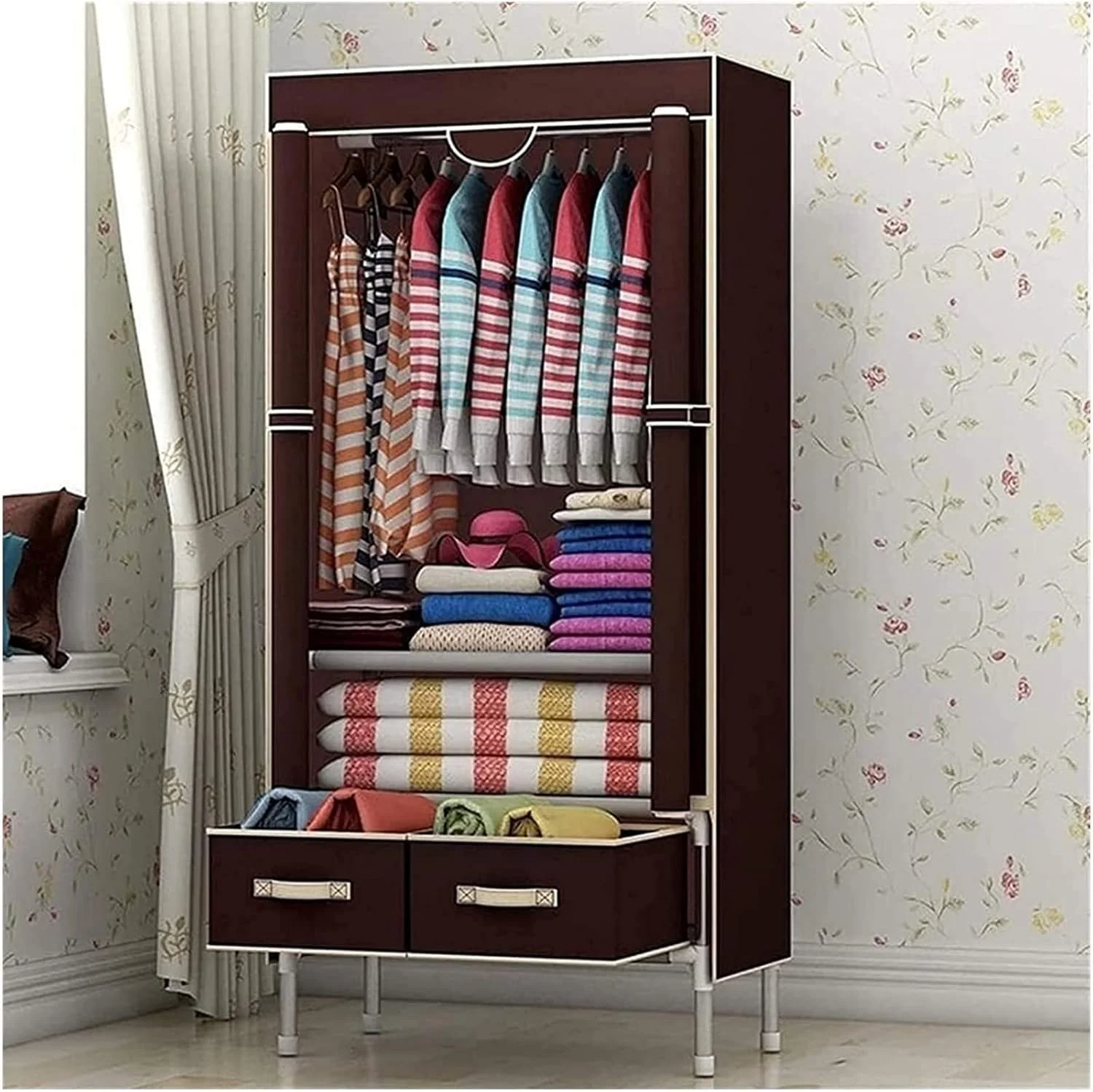 کمد لباس پارچه ای قابل حمل، کمد لباس اتاق خواب، پارچه ای ساده، تک نفره، اتاق اجاره ای، پارچه، لوله فولادی، آویز لباس با ابعاد 75X45X170 سانتی متر، کمد لباس قابل حمل / قهوه ای