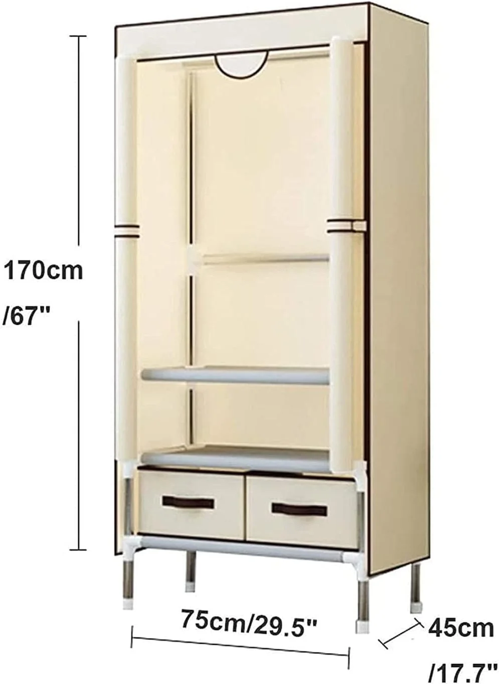 کمد لباس پارچه ای قابل حمل، کمد لباس اتاق خواب، پارچه ای ساده، تک نفره، اتاق اجاره ای، پارچه، لوله فولادی، آویز لباس با ابعاد 75X45X170 سانتی متر، کمد لباس قابل حمل / قهوه ای