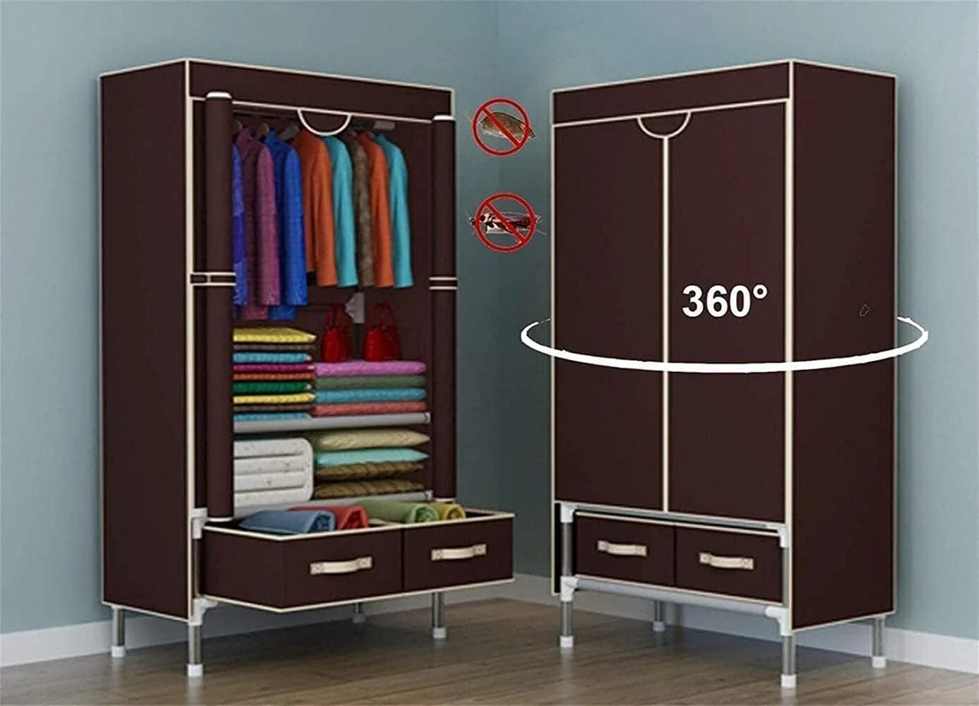 کمد لباس پارچه ای قابل حمل، کمد لباس اتاق خواب، پارچه ای ساده، تک نفره، اتاق اجاره ای، پارچه، لوله فولادی، آویز لباس با ابعاد 75X45X170 سانتی متر، کمد لباس قابل حمل / قهوه ای