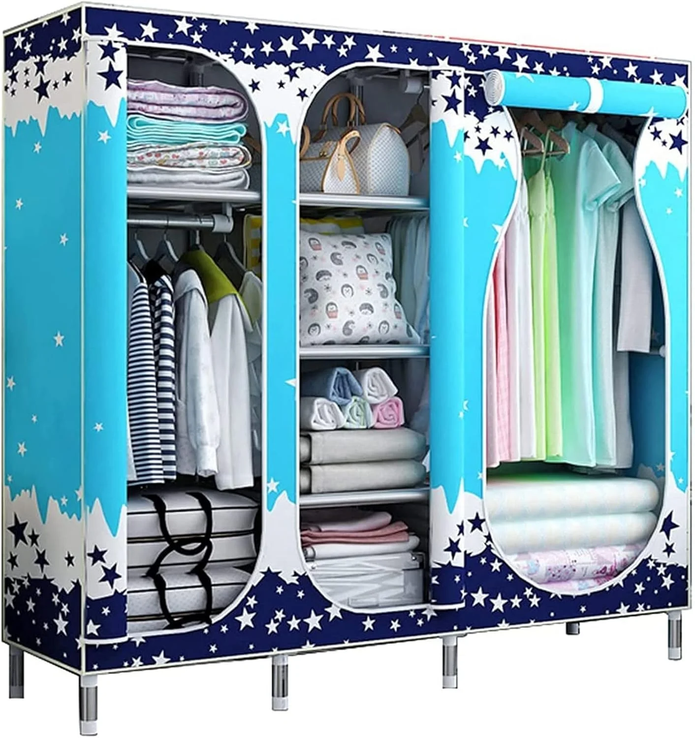 کمد لباس پارچه ای قابل حمل تمکین، کمد لباس بزرگ، کمد تاشو اتاق خواب، کمد خلاقانه 3 درب، سازمان دهنده ذخیره سازی، کمد پارچه ای قابل حمل E، 168 * 45 * 145 سانتی متر، پارچه قابل حمل