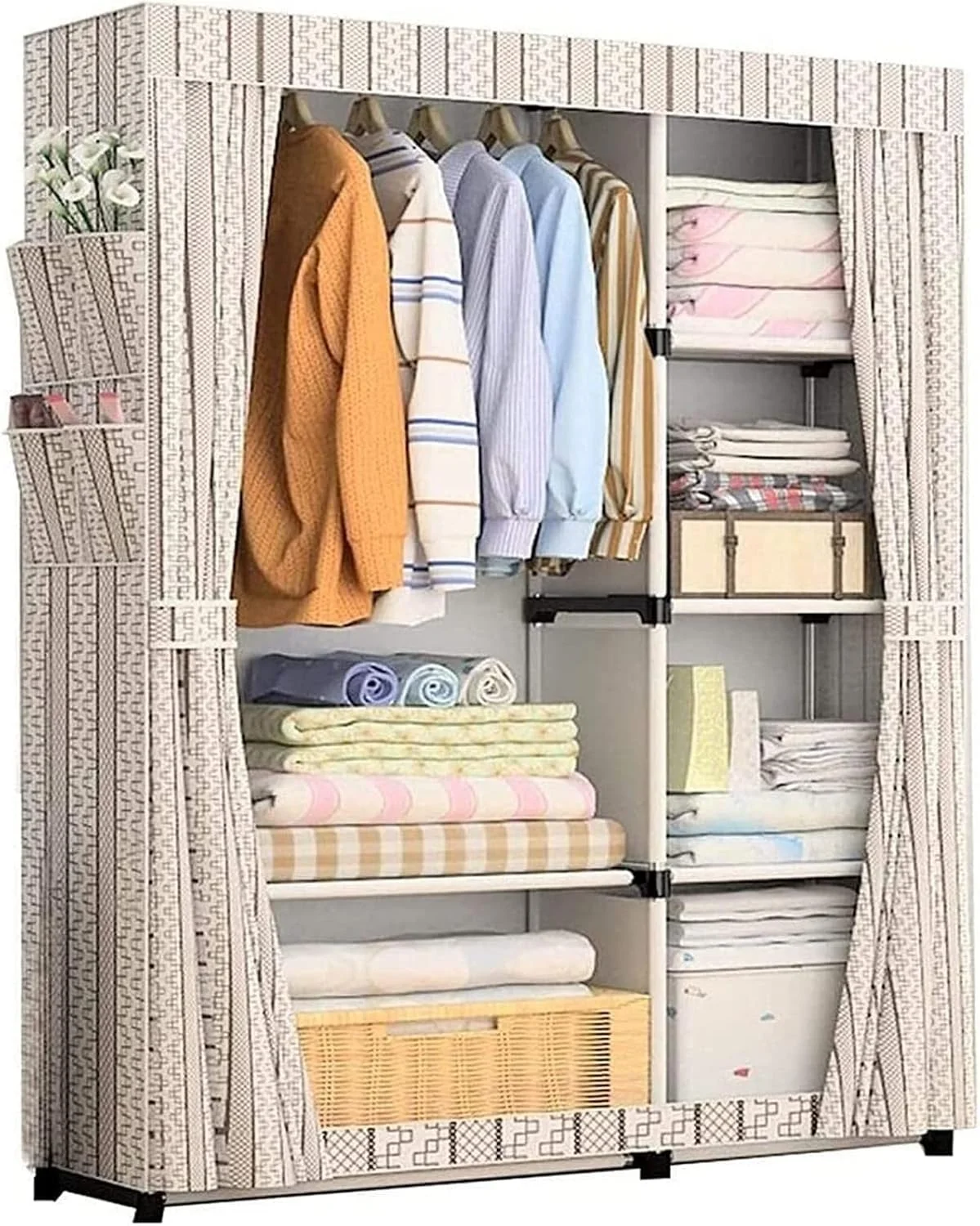 کمد لباس پارچه ای قابل حمل، کمد لباس اتاق خواب، آویز لباس، هنر پارچه ای، تک نفره، اتاق اجاره ای با قاب فولادی، ذخیره سازی 105X45X170 سانتی متر، کمد لباس قابل حمل