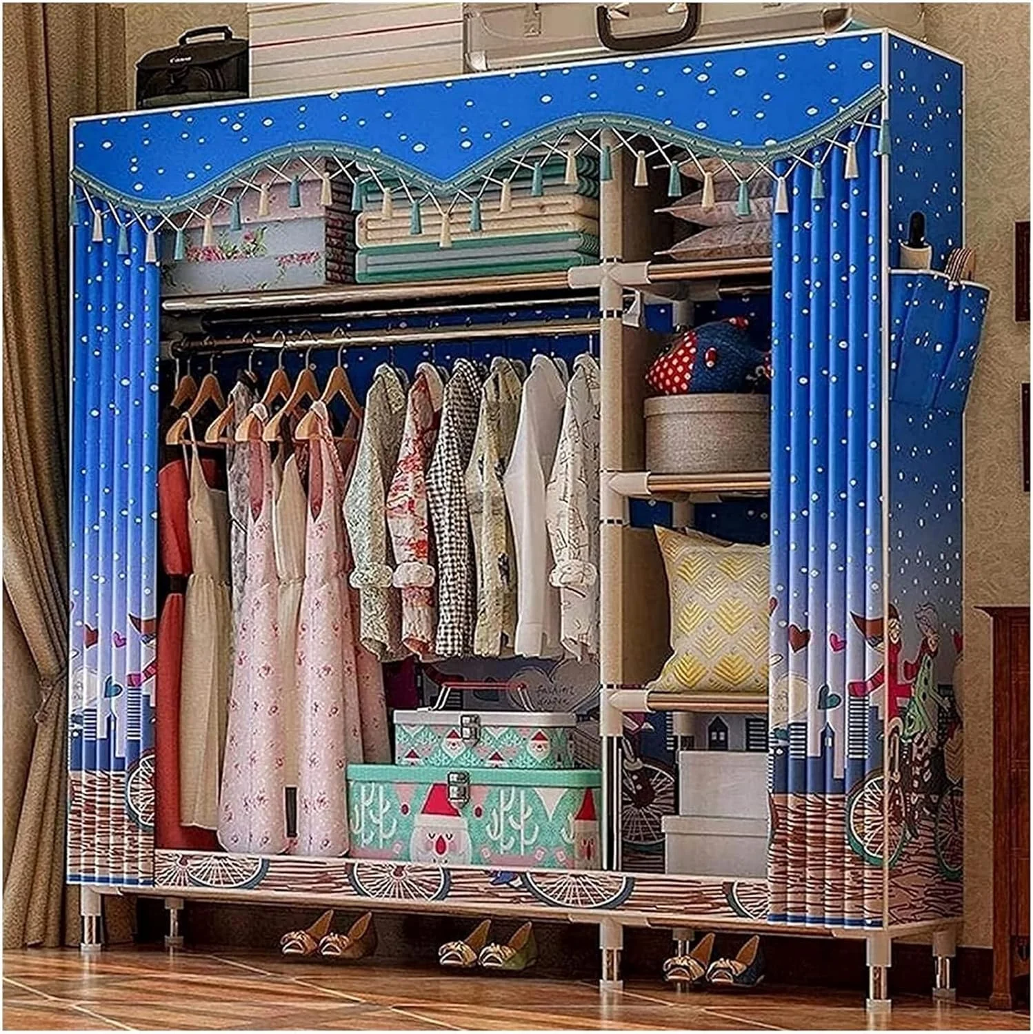 کمد لباس پارچه ای قابل حمل، کمد لباس اتاق خواب، بوم، ظرفیت بزرگ، کمد تاشو قابل حمل 126X46X172 سانتی متر، قفسه لباس، کمد لباس قابل حمل / مناسب برای زوج ها / 126 * 46 * 172 سانتی متر