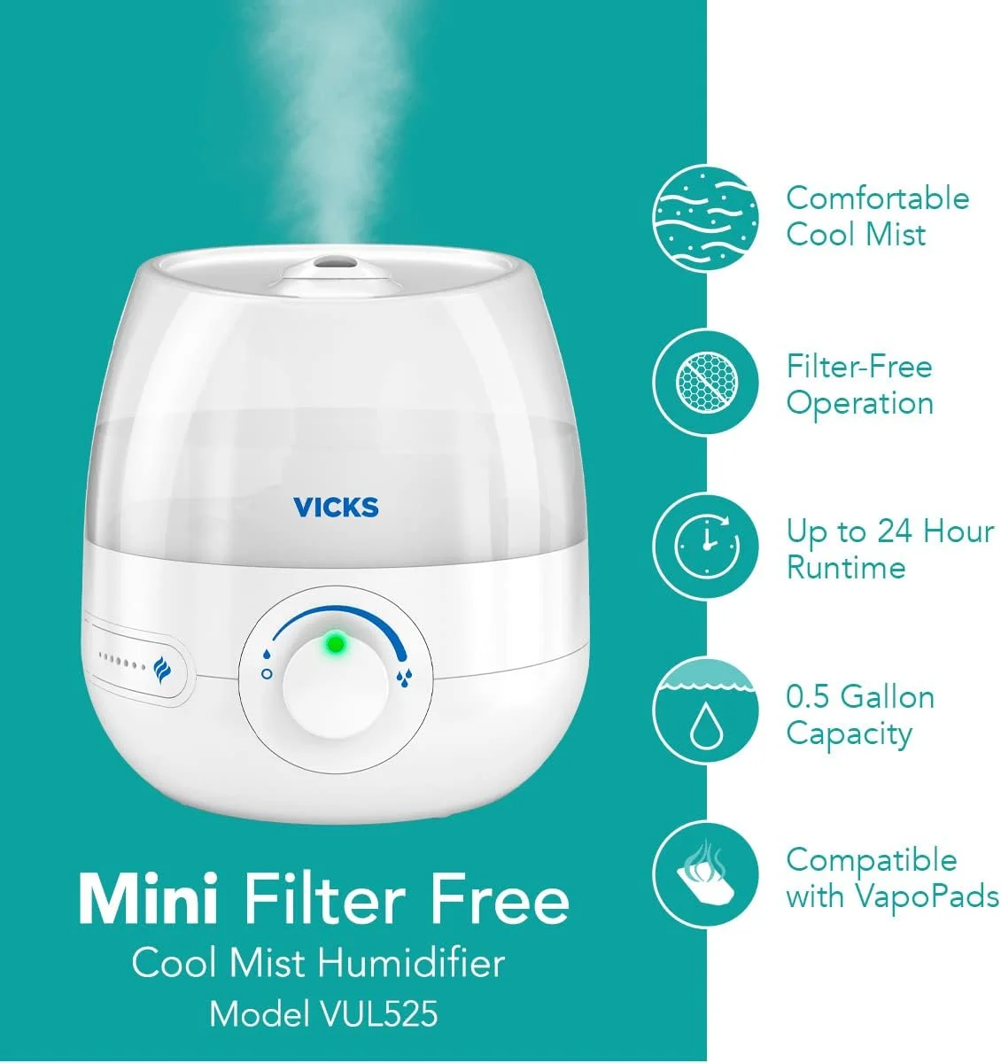 دستگاه بخور سرد مینی بدون فیلتر Vicks، مناسب اتاق کوچک - کنترل متغیر میزان بخار - سازگار با Vicks VapoPads دستگاه بخور سرد مینی بدون فیلتر Vicks، مناسب اتاق کوچک - کنترل متغیر میزان بخار - سازگار با Vicks VapoPads