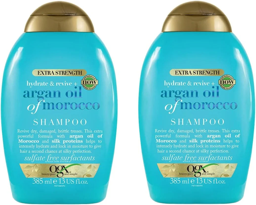 مجموعه دوتایی شامپو روغن آرگان مراکشی OGX با قدرت فوق العاده برای آبرسانی و احیای موهای خشک و آسیب دیده، حاوی روغن آرگان فشرده سرد برای مرطوب کردن و صاف کردن مو، بدون پارابن، بدون سولفات، 385 میلی لیتر