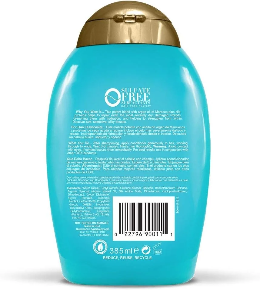 مجموعه دوتایی شامپو روغن آرگان مراکشی OGX با قدرت فوق العاده برای آبرسانی و احیای موهای خشک و آسیب دیده، حاوی روغن آرگان فشرده سرد برای مرطوب کردن و صاف کردن مو، بدون پارابن، بدون سولفات، 385 میلی لیتر مجموعه دوتایی شامپو روغن آرگان مراکشی OGX با قدرت فوق العاده برای آبرسانی و احیای موهای خشک و آسیب دیده، حاوی روغن آرگان فشرده سرد برای مرطوب کردن و صاف کردن مو، بدون پارابن، بدون سولفات، 385 میلی لیتر