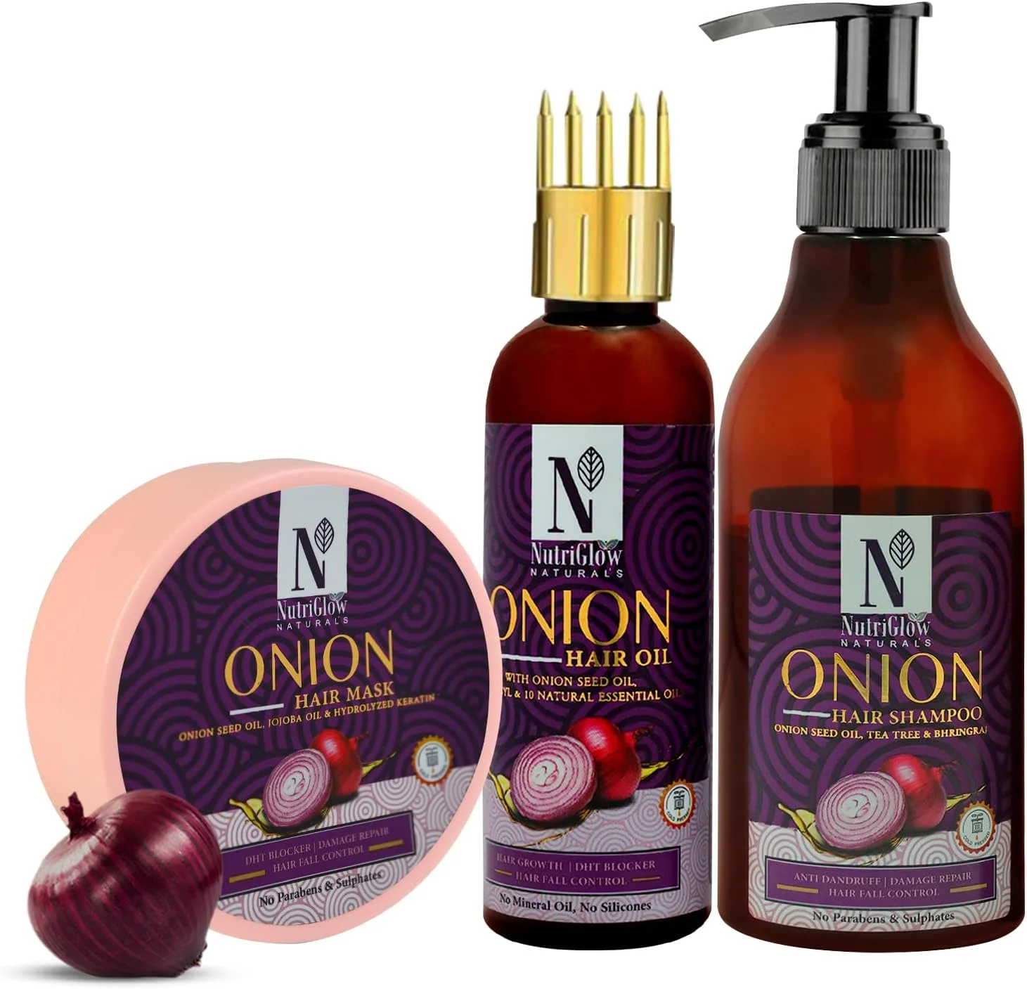 روغن موی پیاز نوتری گلو نچرالز (100 میلی لیتر)، شامپو موی پیاز (300 میلی لیتر) و ماسک موی پیاز (200 گرم) برای جلوگیری از ریزش مو و داشتن موهای سالم، بسته 3 عددی