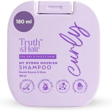 شامپو آبرسان و مغذی موهای فر تروث اند هیر | غنی شده با عصاره آلوئه ورا، کلاژن، عصاره گل موز و اسید هیالورونیک (180 میلی لیتر)