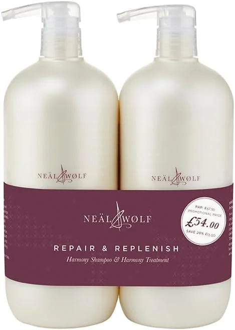 مجموعه دوتایی شامپو و درمان ترمیم کننده و احیا کننده مو نیل اند ولف مدل هارمونی حجم 950 میلی لیتر