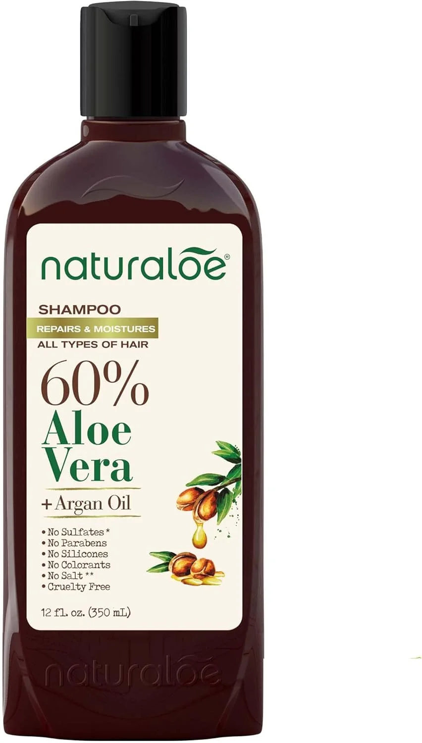 شامپو ترمیم کننده و مرطوب کننده Naturaloe - فرمول 100% وگان غنی شده با 60% ژل آلوئه ورا + روغن آرگان، سازگار با محیط زیست، بدون تست حیوانی، بدون پارابن، بدون سیلیکون، بدون سولفات - 355 میلی لیتر
