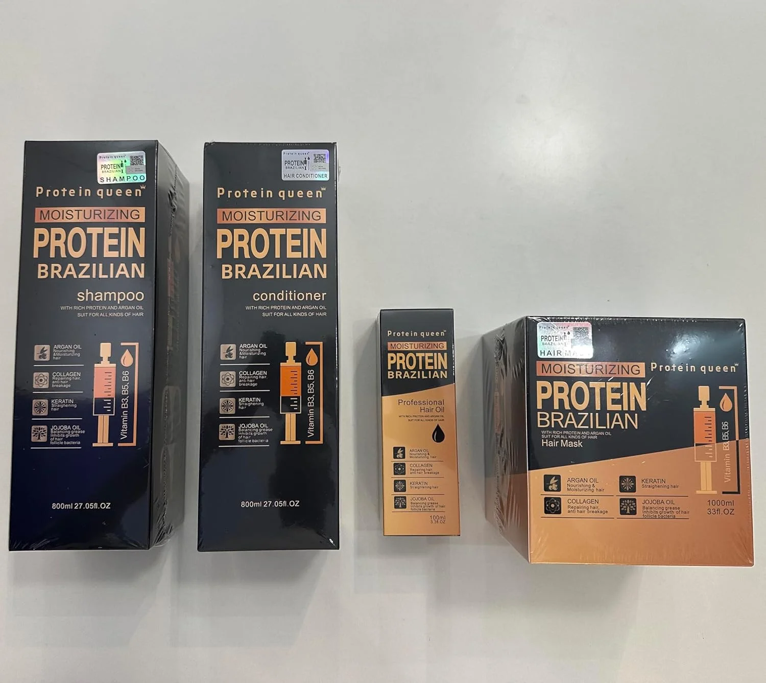 مجموعه درمان حرفه ای پروتئینه و مرطوب کننده برزیلی برای ترمیم، تغذیه و زیبایی مو. شامل شامپو، نرم کننده، ماسک مو و روغن مو. 4 تکه