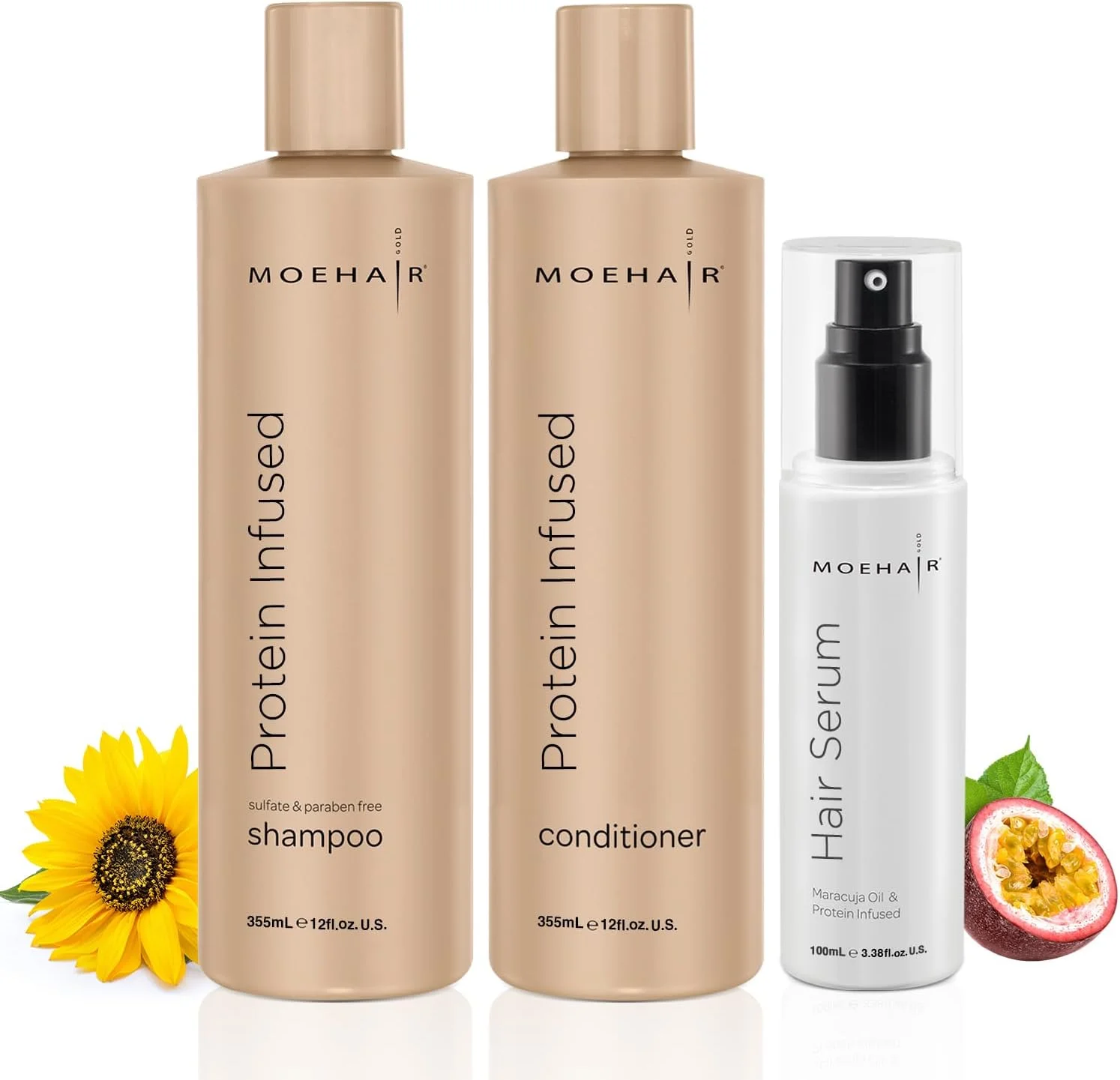 مجموعه شامپو و نرم کننده حاوی پروتئین موهیر به همراه سرم مو | شامپو بدون سولفات و پارابن | احیا کننده موهای کدر، ضعیف و آسیب دیده