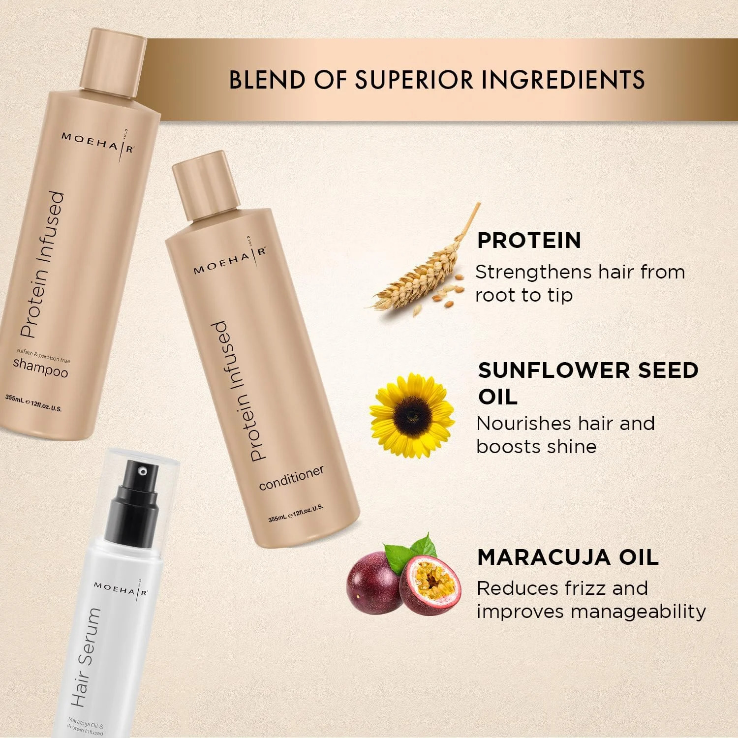 مجموعه شامپو و نرم کننده حاوی پروتئین موهیر به همراه سرم مو | شامپو بدون سولفات و پارابن | احیا کننده موهای کدر، ضعیف و آسیب دیده