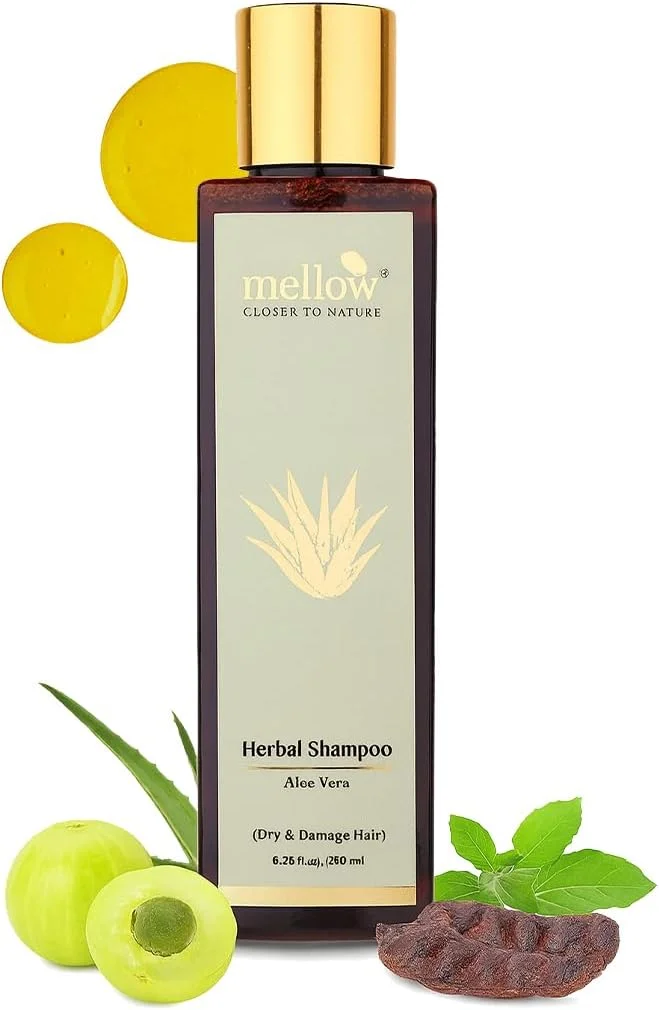 شامپو آلوئه ورا گیاهی آیورودا ملو برای موهای خشک و آسیب دیده (200 میلی لیتر) | آلوئه ورا، آملا، ریتا، شیکاکای و برینگراج | کمک به جلوگیری از ریزش و سفید شدن مو | 100% بدون مواد شیمیایی