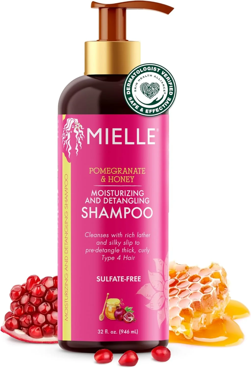 شامپو باز کننده گره و مرطوب کننده انار و عسل Mielle Organics - شامپو موی فر برای زنان - غنی شده با عسل و روغن باباسو برای از بین بردن آلودگی، باز کردن گره ها و حفظ رطوبت (946 میلی لیتر)