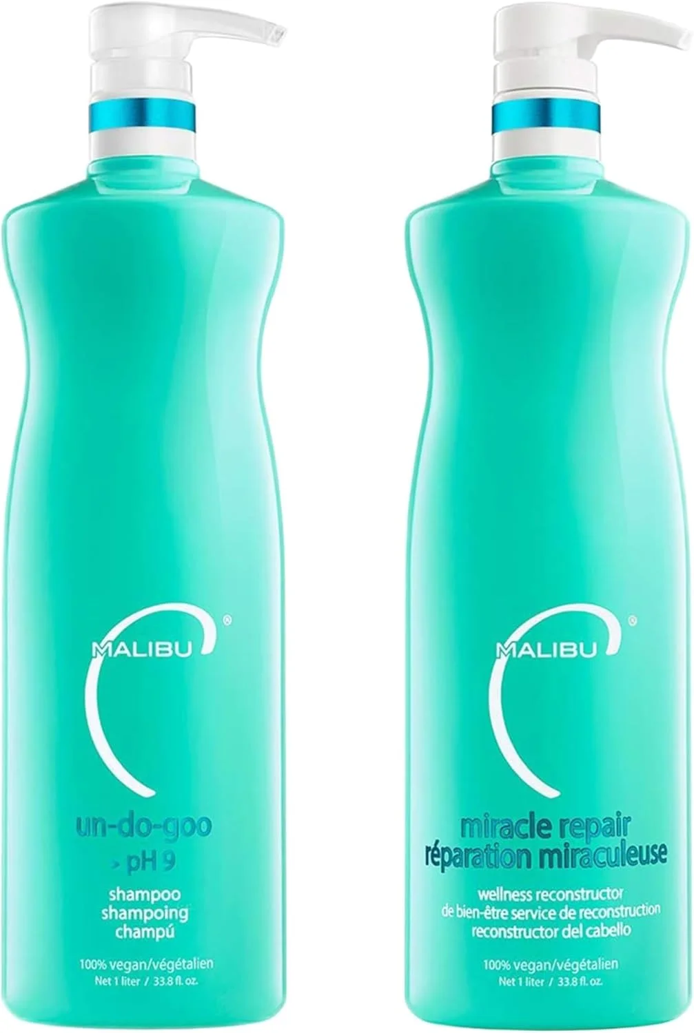 دوتایی شامپو پاک کننده و ماسک مو ترمیم کننده Malibu C Un-Do-Goo، شامپو شفاف کننده و ماسک مو با خاصیت نرم کنندگی عمیق برای از بین بردن تجمع مواد، بازگرداندن درخشندگی و مراقبت از موهای مرطوب کننده، بسته دوتایی 1 لیتری