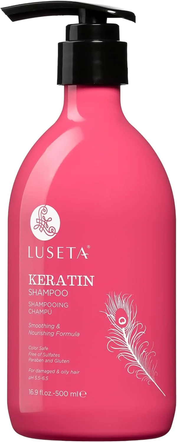 شامپو کراتین صاف کننده لوسِتا - غنی شده با پروتئین کراتین برای احیای موهای خشک و آسیب دیده - ایمن برای موهای رنگ شده و کراتینه شده، بدون سولفات و پارابن 500 میلی لیتر
