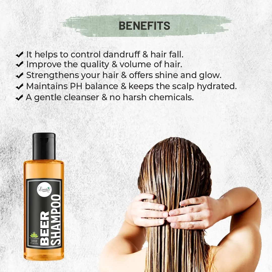شامپو آبجو Luster برای موهای خشک و وز | شامپو برای رشد مو و ترمیم ریشه | شامپو آبجو کنترل ریزش مو برای زنان و مردان (بدون سولفات و پارابن) - بسته 2 عددی - 210 میلی لیتر