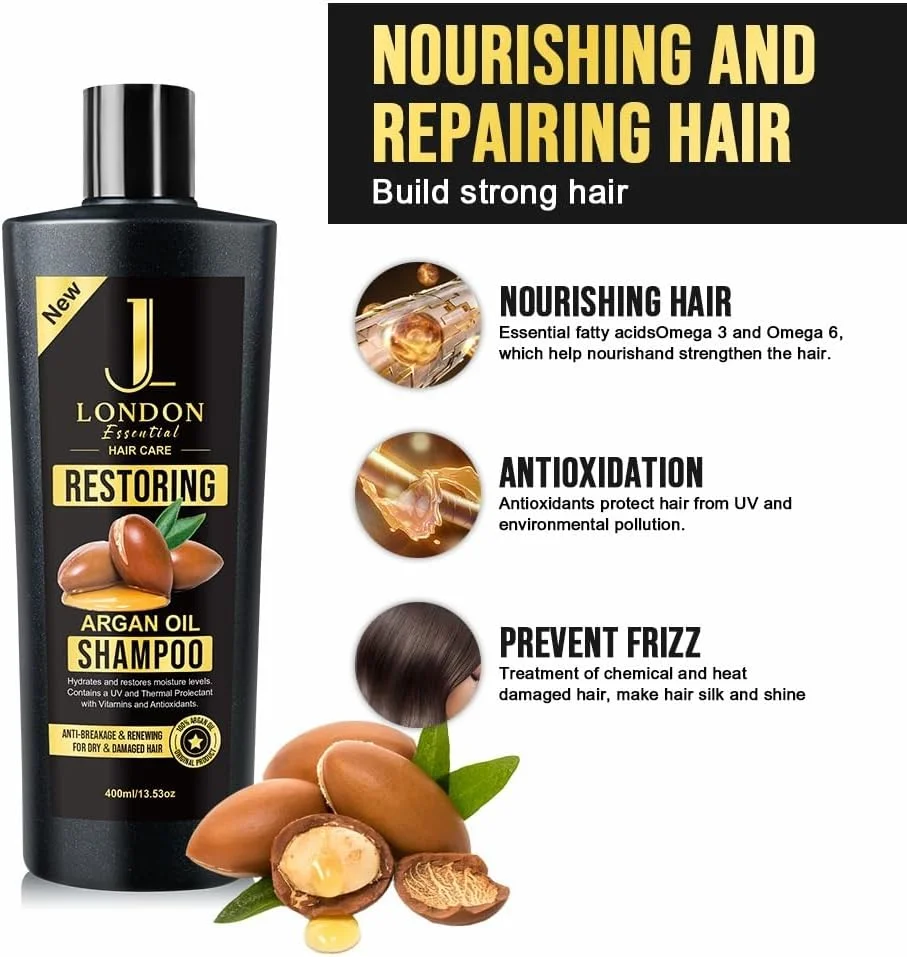 شامپو روغن آرگان ترمیم کننده مو جان لندن JL Essential Hair Care - ضد شکنندگی و احیای مو برای موهای خشک و آسیب دیده (400 میلی لیتر) شامپو روغن آرگان ترمیم کننده مو جان لندن JL Essential Hair Care - ضد شکنندگی و احیای مو برای موهای خشک و آسیب دیده (400 میلی لیتر)