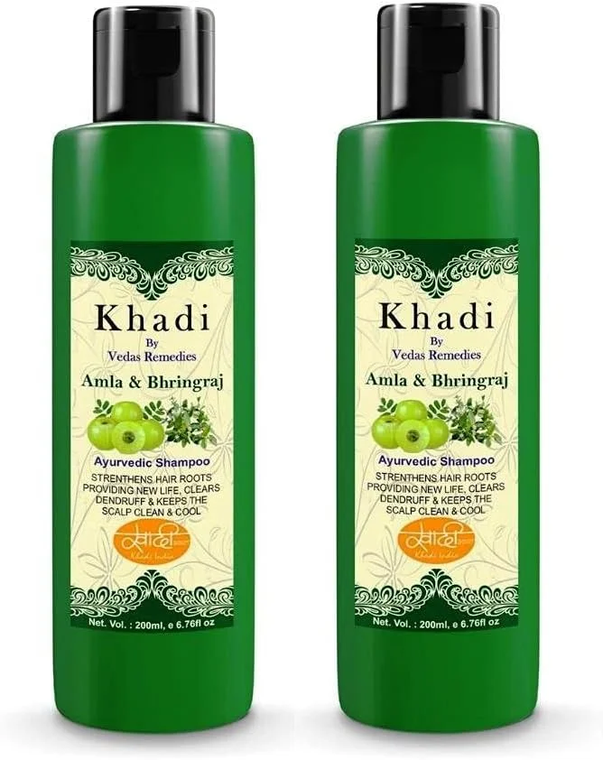 شامپو گیاهی آیورودا آمله و برینگراج Khadi By Vedas Remedies برای ریزش مو 200 میلی لیتر | بسته دو عددی برای زنان و مردان برای محافظت 5 برابر، ترمیم موهای آسیب دیده، مواد طبیعی