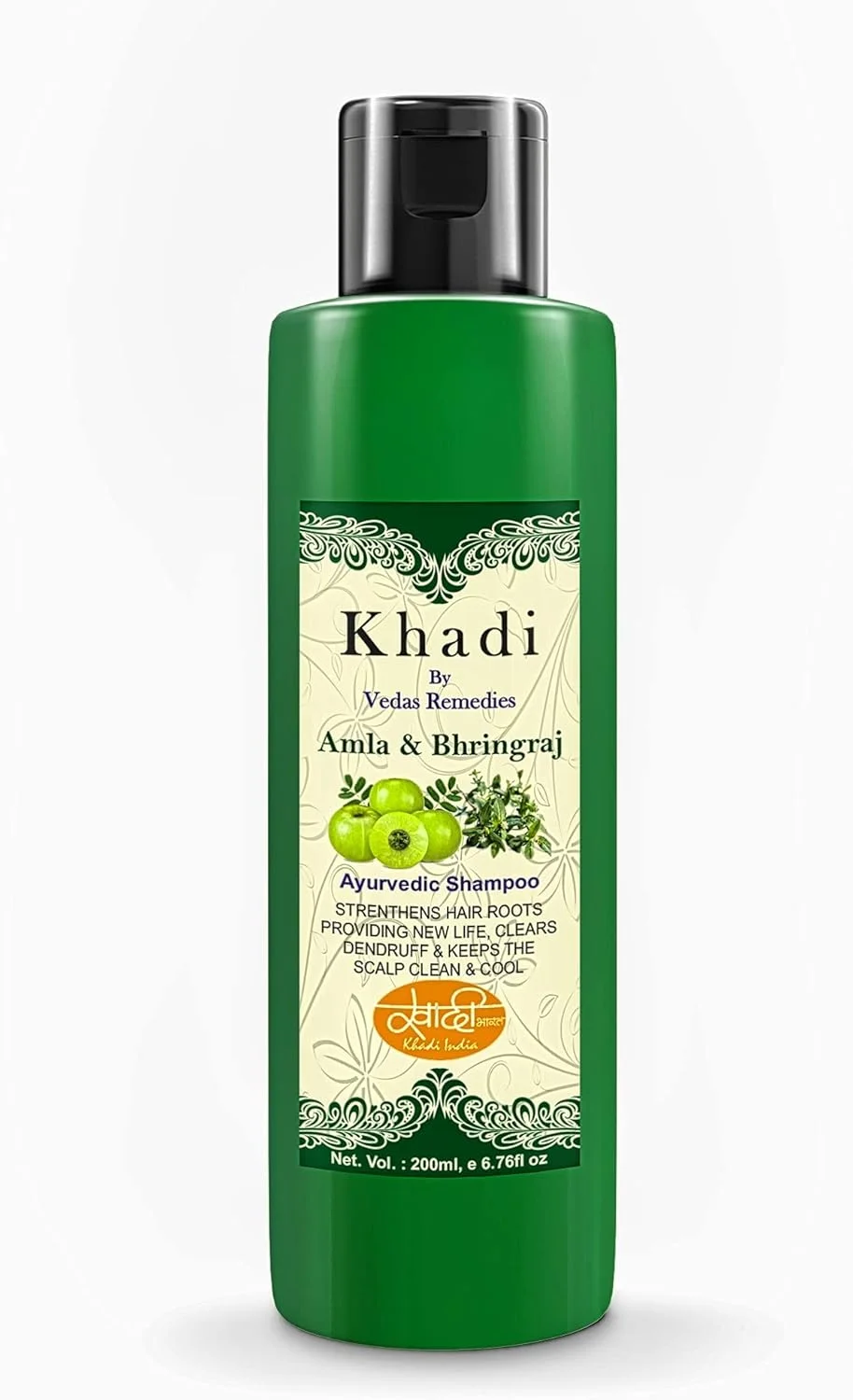 شامپو گیاهی آیورودیک آملا و برینگراج خادی بای وداز رمدیز مناسب آقایان و بانوان 200 میلی لیتر | شامپو مراقبت ویژه کنترل ریزش مو، تقویت کننده ریشه و فولیکول های مو غنی شده با مواد طبیعی