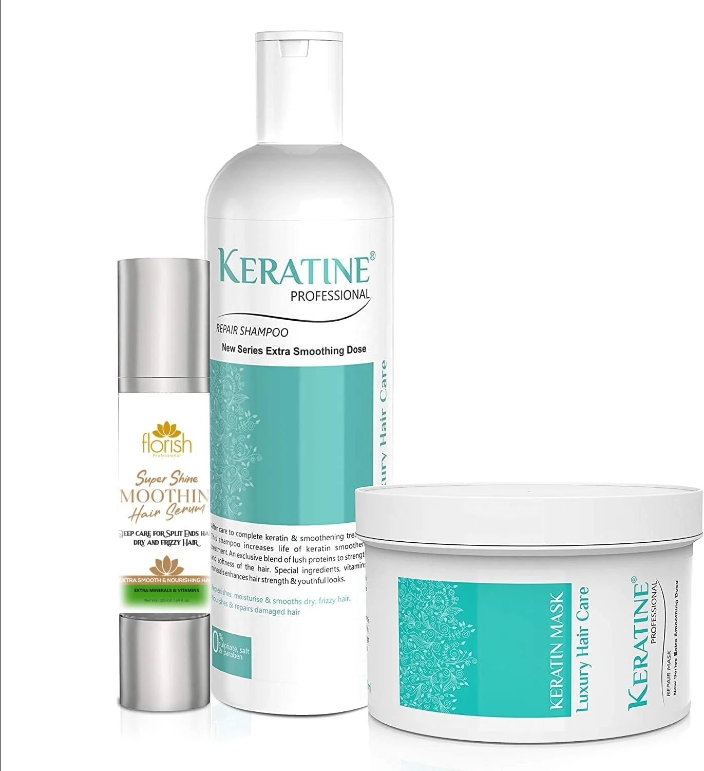 شامپو کراتین پروفشنال، ماسک مو و سرم فلوریش (50 میلی لیتر) | شامپو ترمیم کننده، ماسک مو ترمیم کننده و سرم پروفشنال فلوریش برای موهای نازک و کم پشت | برای موهای خشک، آسیب دیده و رنگ شده