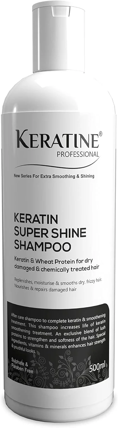 شامپو کراتین سوپر شاین پروفشنال کراتین 500 میلی لیتر | غنی شده با کراتین و پروتئین گندم برای موهای خشک، آسیب دیده و تحت درمان شیمیایی | فاقد سولفات و پارابن ساخت هند (500 میلی لیتر)