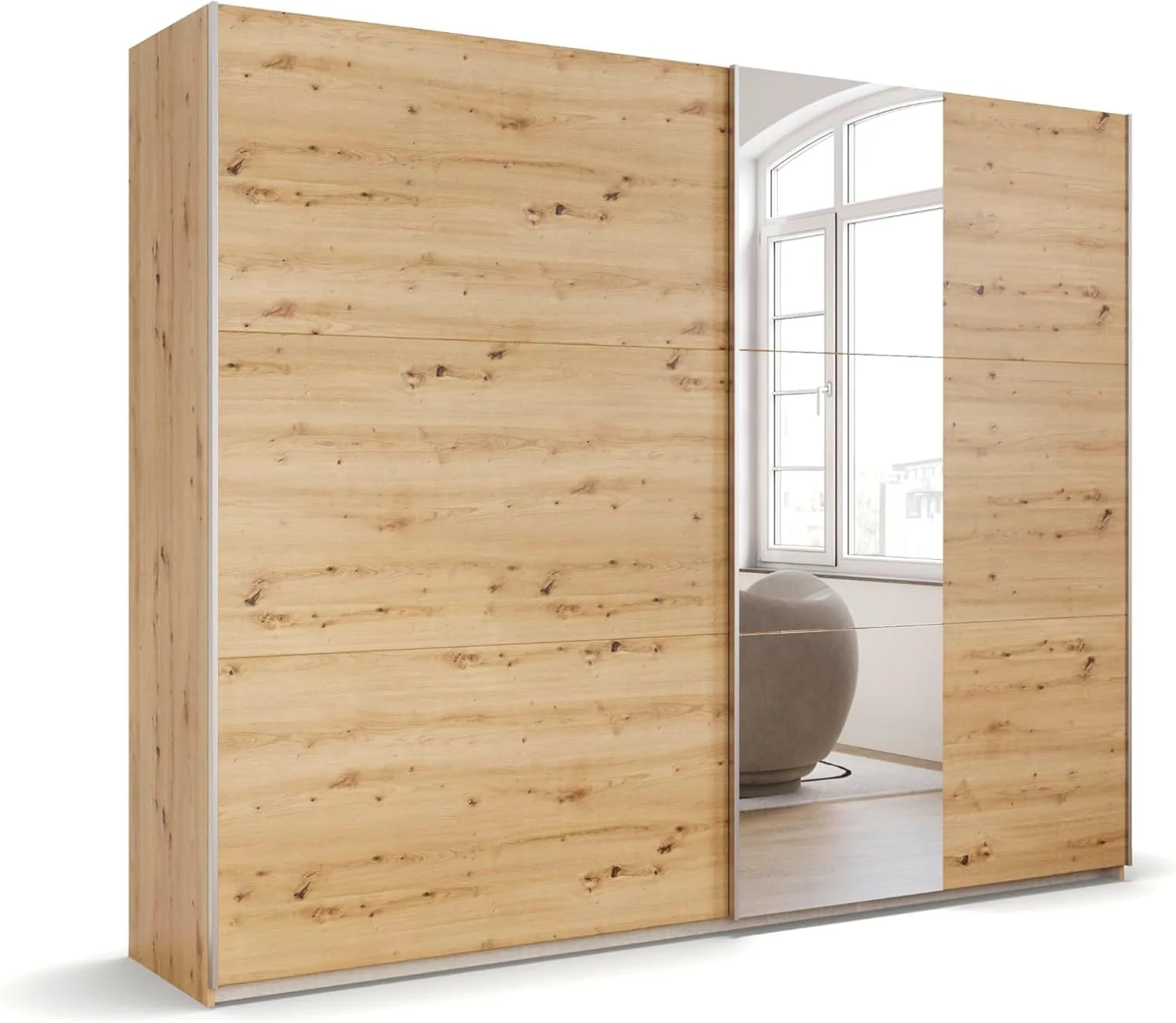 کمد لباس درب ریلی Rauch Möbel Kronach Artisan Oak، چوب با آینه، 2 درب، شامل 3 میله لباس و 3 قفسه، 261 x 210 x 59 سانتی متر (عرض x ارتفاع x عمق)