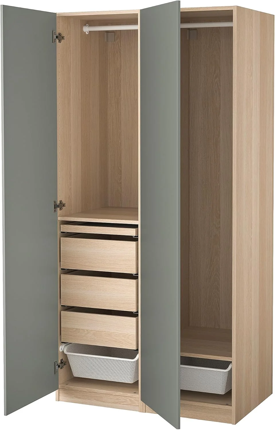 ترکیب کمد لباس PAX/REINSVOLL، ۱۰۰x۶۰x۲۰۱ سانتی متر، طرح بلوط لکه دار سفید/سبز-خاکستری