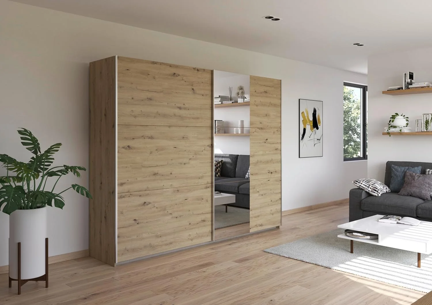 کمد لباس درب ریلی Rauch Möbel Kronach Artisan Oak، چوب با آینه، 2 درب، شامل 3 میله لباس و 3 قفسه، 261 x 210 x 59 سانتی متر (عرض x ارتفاع x عمق)