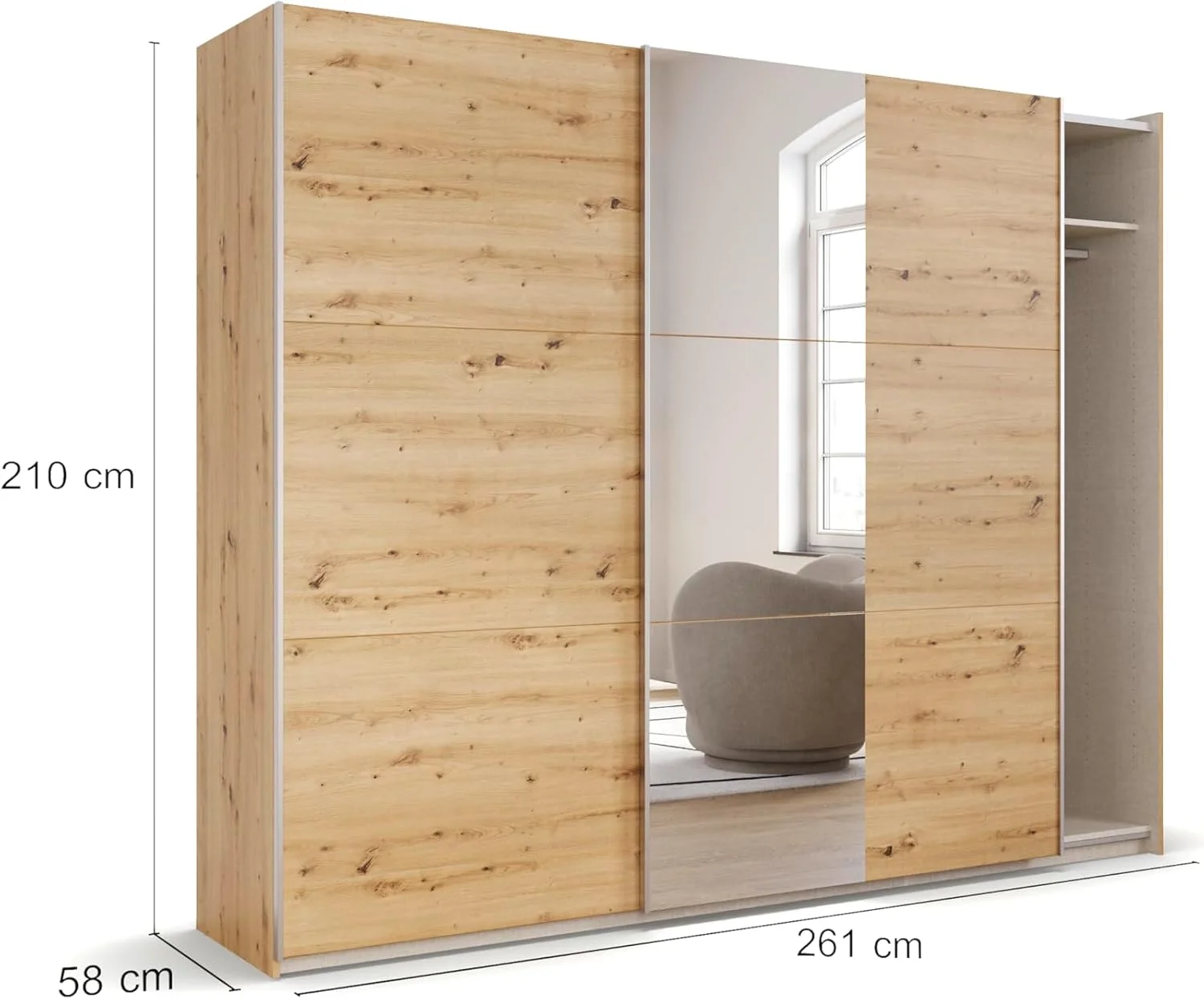 کمد لباس درب ریلی Rauch Möbel Kronach Artisan Oak، چوب با آینه، 2 درب، شامل 3 میله لباس و 3 قفسه، 261 x 210 x 59 سانتی متر (عرض x ارتفاع x عمق)