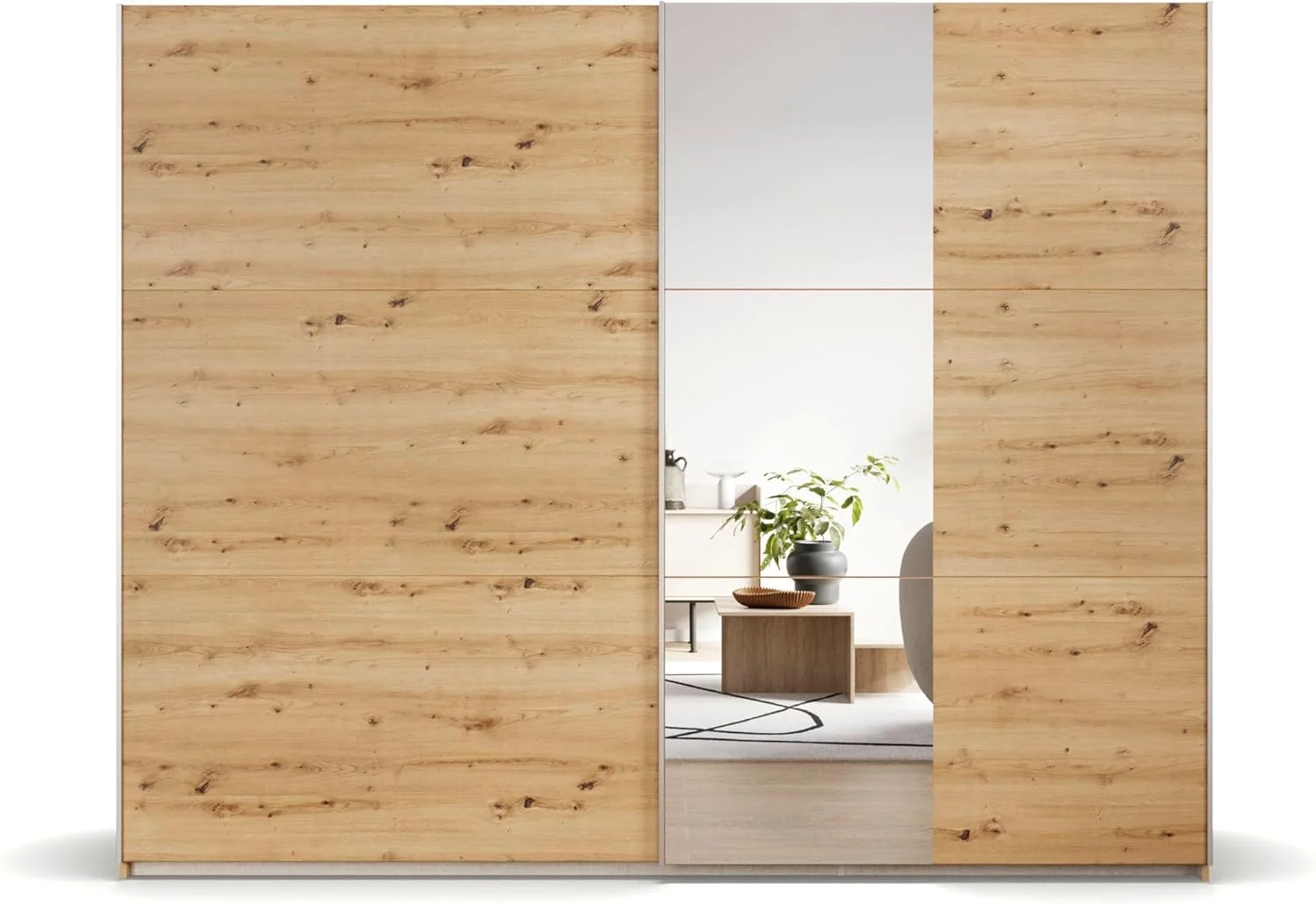 کمد لباس درب ریلی Rauch Möbel Kronach Artisan Oak، چوب با آینه، 2 درب، شامل 3 میله لباس و 3 قفسه، 261 x 210 x 59 سانتی متر (عرض x ارتفاع x عمق)