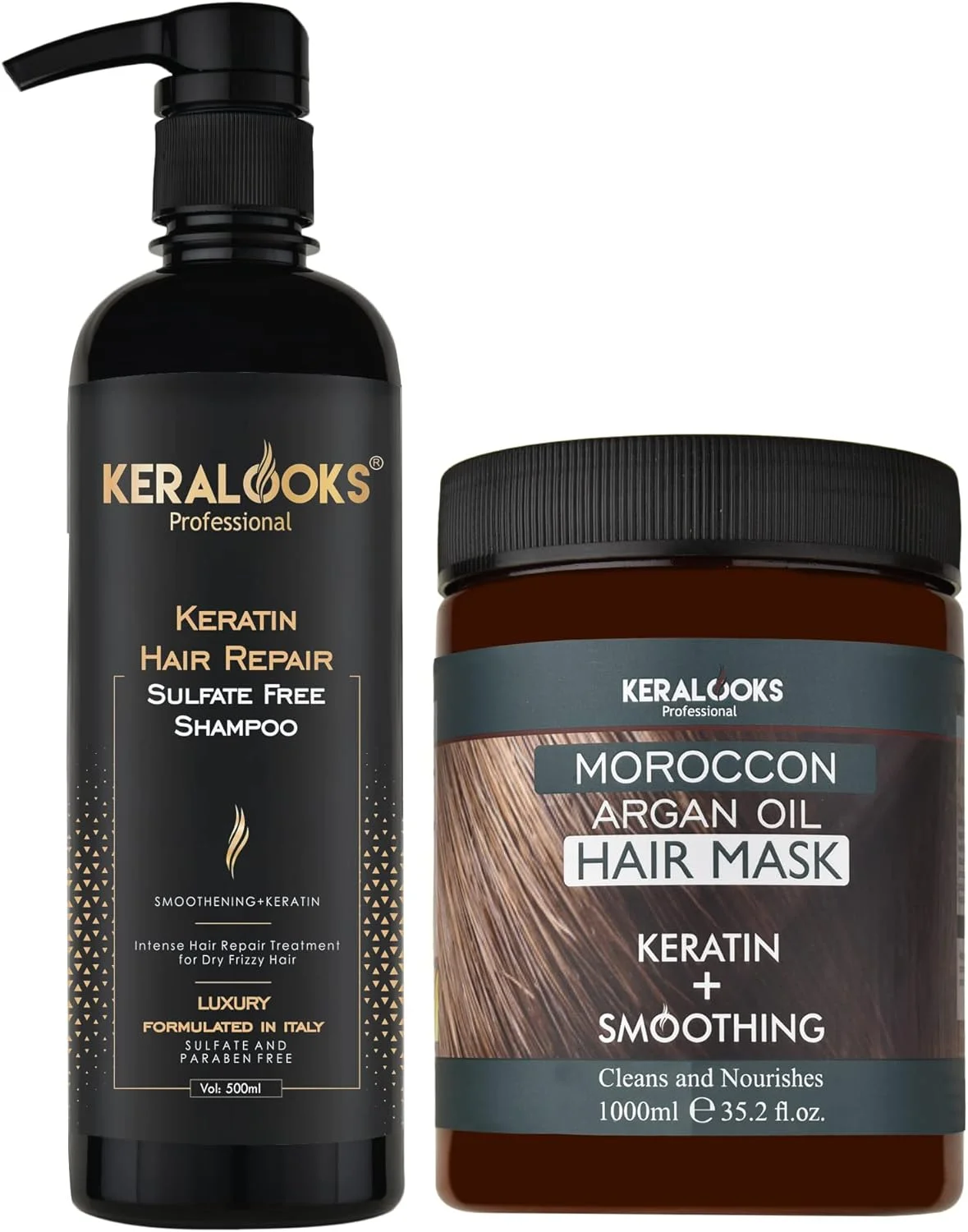 شامپو کراتین ترمیم کننده حرفه ای Keralooks بدون سولفات 500 میلی لیتر به همراه ماسک مو روغن آرگان مراکشی 1000 میلی لیتر (بسته ترکیبی)