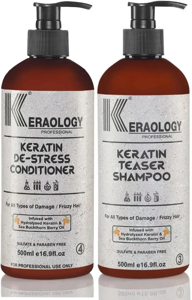شامپو و نرم کننده کراتینه KERAOLOGY مدل Teaser حجم 500 میلی لیتر مناسب انواع موهای آسیب دیده و وز