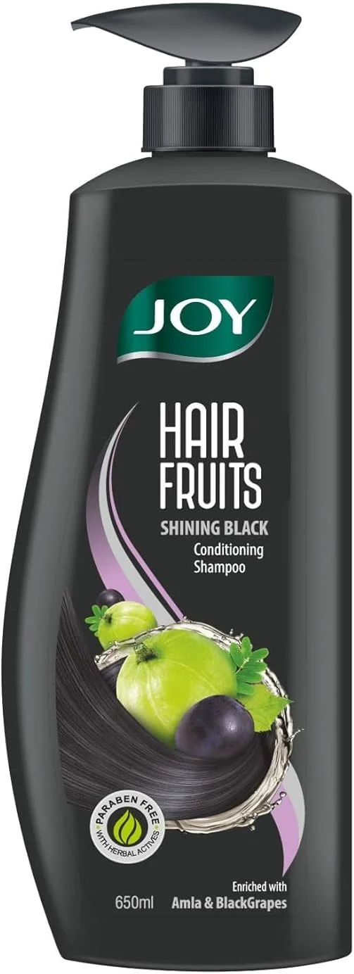 شامپو نرم کننده موهای مشکی درخشان Joy Hair Fruits غنی شده با آملا و انگور سیاه، 650 میلی لیتر