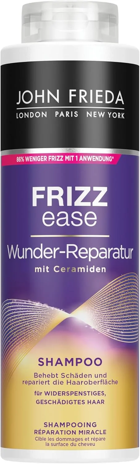 شامپو ترمیم کننده معجزه آسای جان فریدا – سایز بزرگ: 500 میلی لیتر – سری Frizz Ease – نوع مو: وز، آسیب دیده، تحت فشار – سایز کابینتی