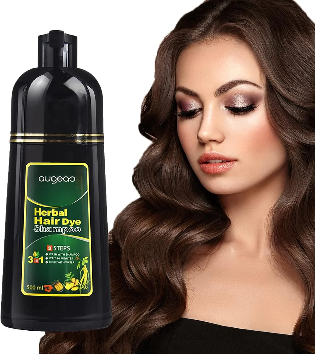 شامپو رنگ موی قهوه ای تیره Ivnil Augeashair برای موهای خاکستری Augeas رنگ فوری 3 در 1 زنانه و مردانه Augeo، مواد گیاهی پوشش 100% موهای سفید 500 میلی لیتر