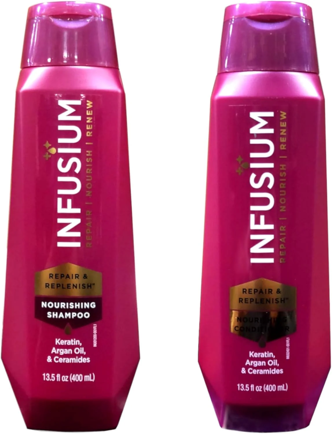 شامپو و نرم کننده مرطوب کننده و احیا کننده اینفوزیوم، حجم هر کدام 400 میلی لیتر