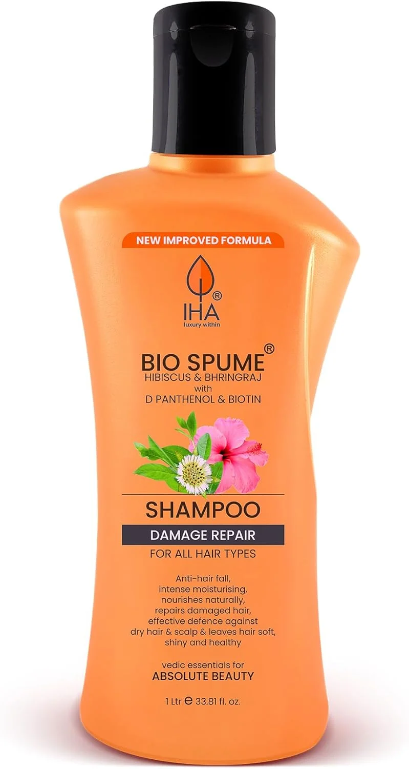 شامپو گیاهی بایواسپوم IHA - ضد ریزش مو، ترمیم کننده قوی موهای خشک و آسیب دیده با عصاره های طبیعی گل ختمی، حنا و برینگراج (1000 میلی لیتر، بسته 1 عددی)