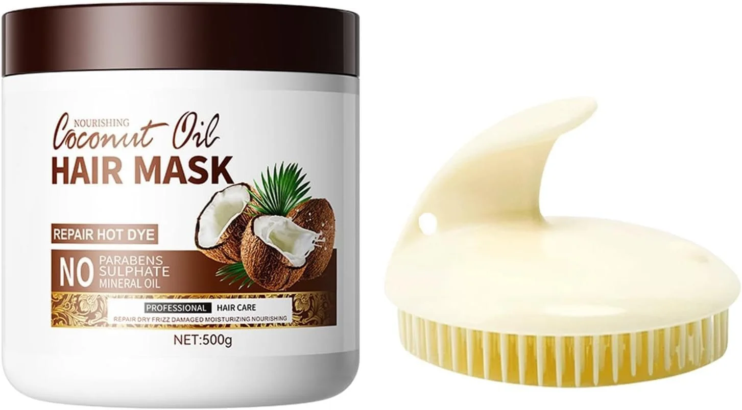 ماسک مو Hppsctink، ماسک مو نارگیل 500 گرمی و برس شامپو، ترمیم کننده موهای خشک، وز و موخوره، شامپو
